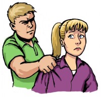 Man holding woman's shoulder